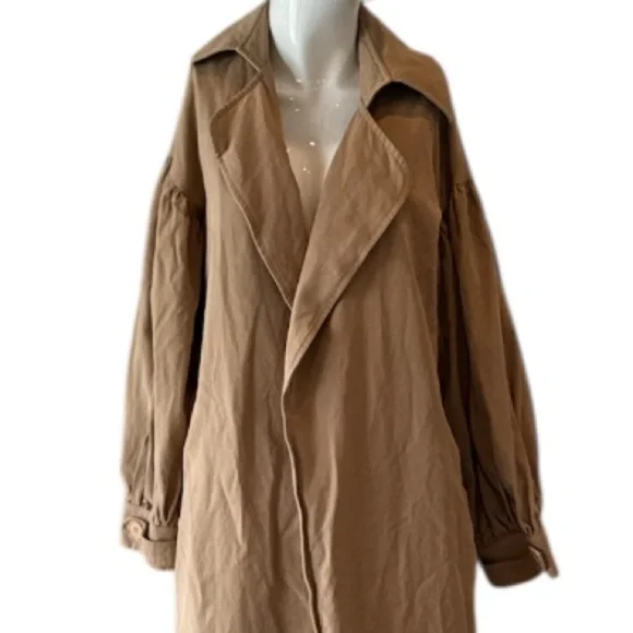 The Hidden Bee Puff Sleeve Cotton Tan Maxi Open Trench Coat Size M - Picture 5 of 13